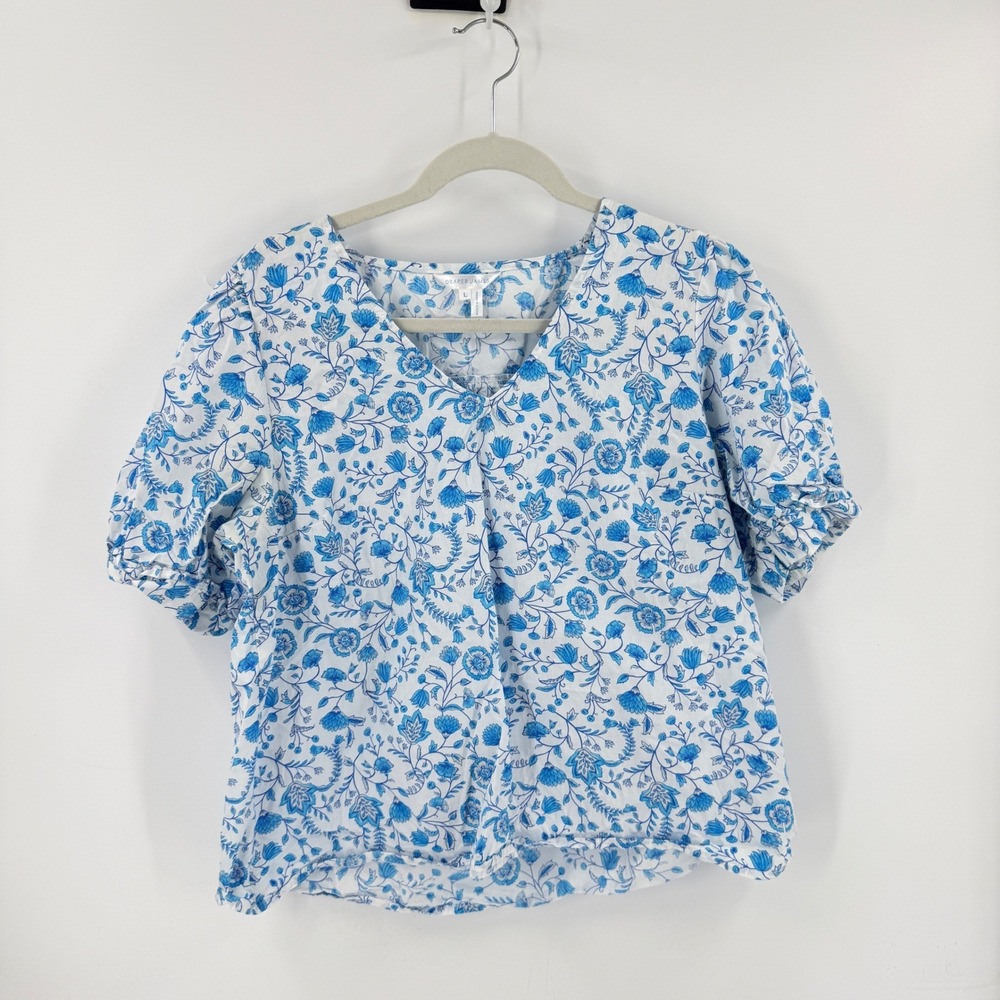 Draper James Floral Cotton Blouse Blue White Puff Sleeve Scoop Neck Top Size L